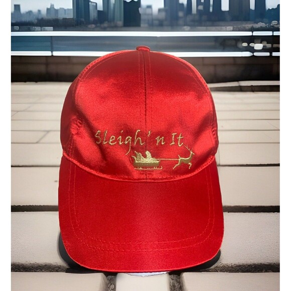 Red Satin Christmas Hat Cap Sleigh’n It Strapback "Collectioneighteen" - Picture 1 of 8